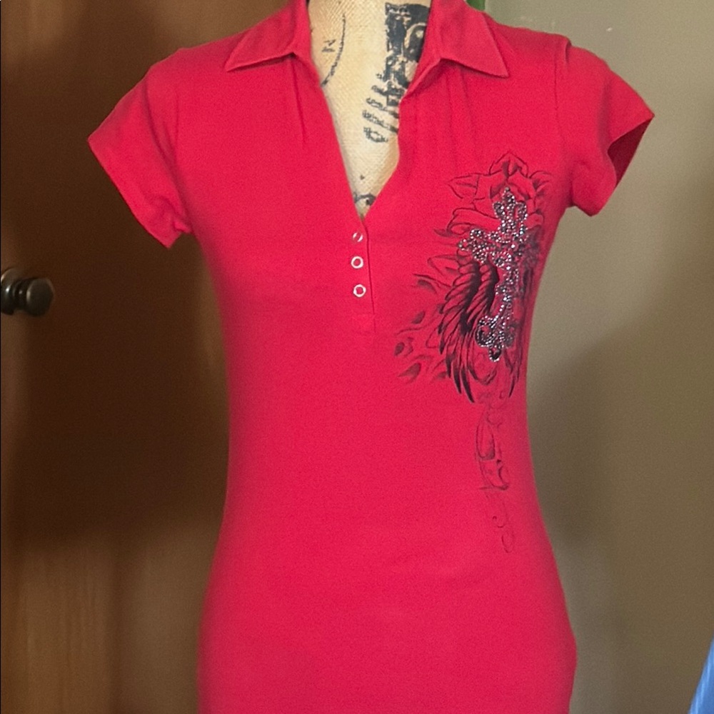 Fitted Pink Polo Button Down Shirt with Graphic